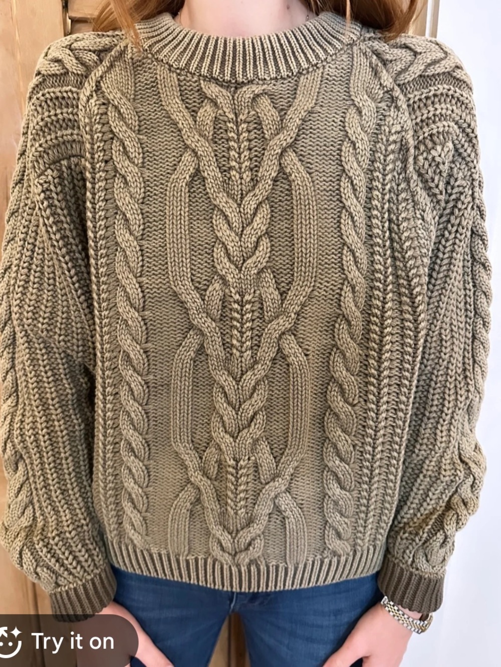Free People Frankie Cable Knit Cotton Sweater in Olive Stone Size Medium